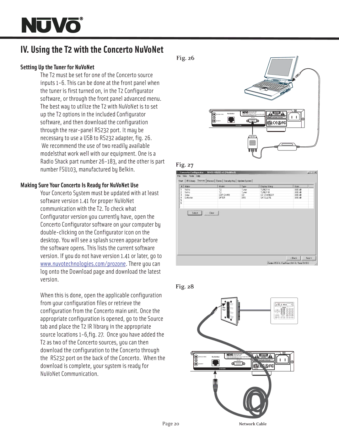 Nuvo manual IV. Using the T2 with the Concerto NuVoNet, Setting Up the Tuner for NuVoNet 