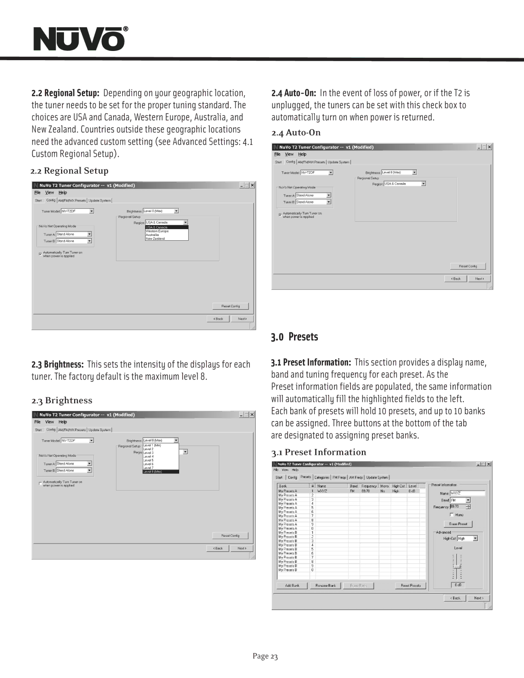 Nuvo T2 manual Presets, Regional Setup, Brightness, Preset Information 