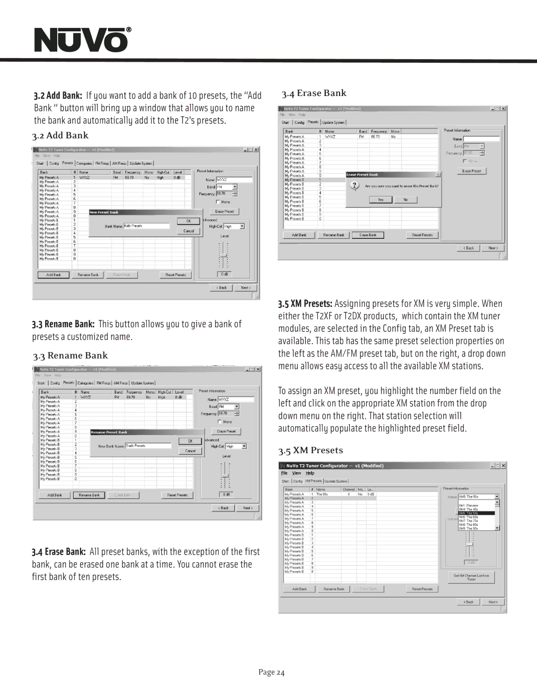 Nuvo T2 manual Add Bank, Rename Bank, Erase Bank, XM Presets 