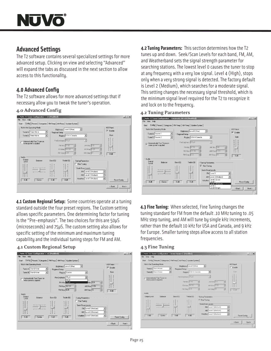 Nuvo T2 manual Advanced Config, Custom Regional Setup, Tuning Parameters, Fine Tuning 