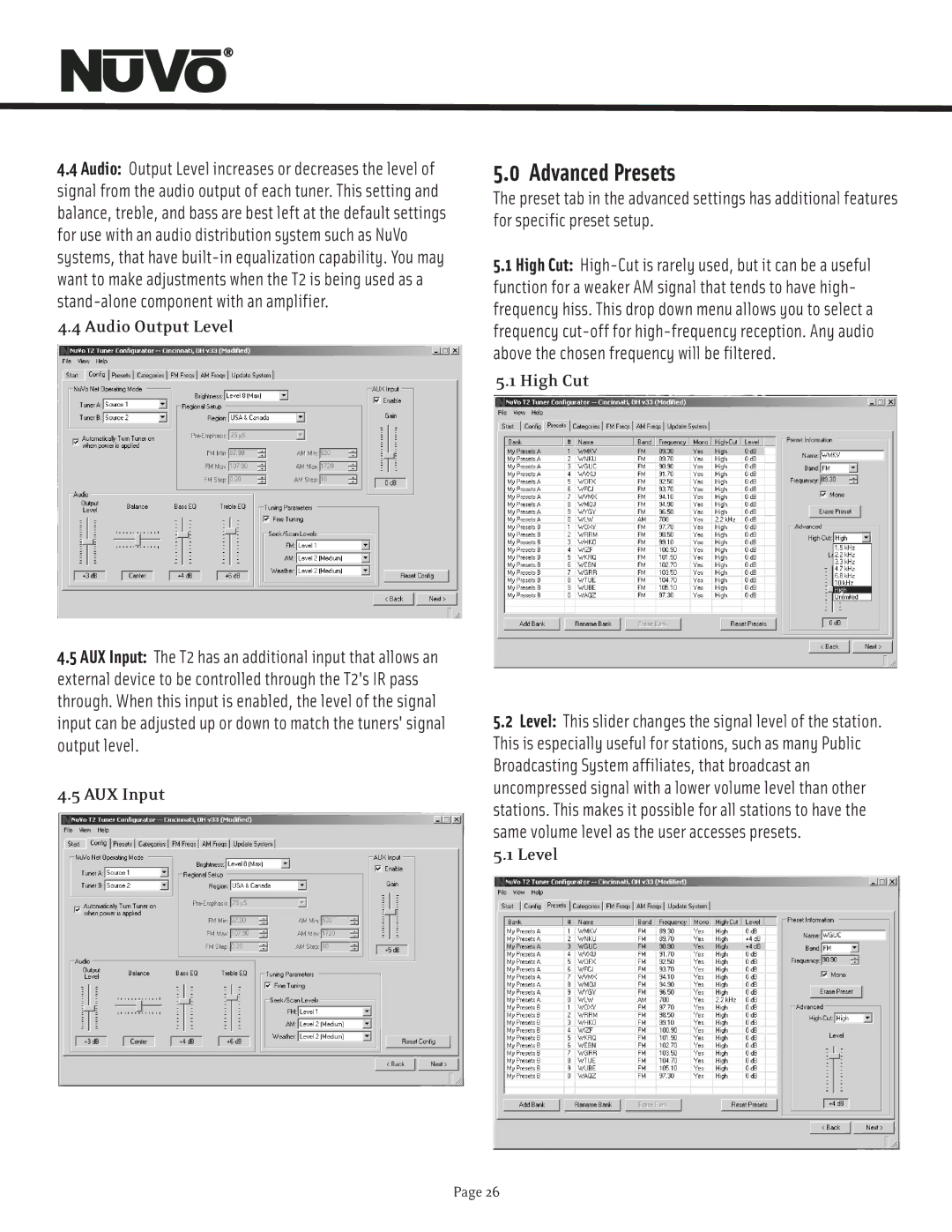 Nuvo T2 manual Audio Output Level, High Cut 