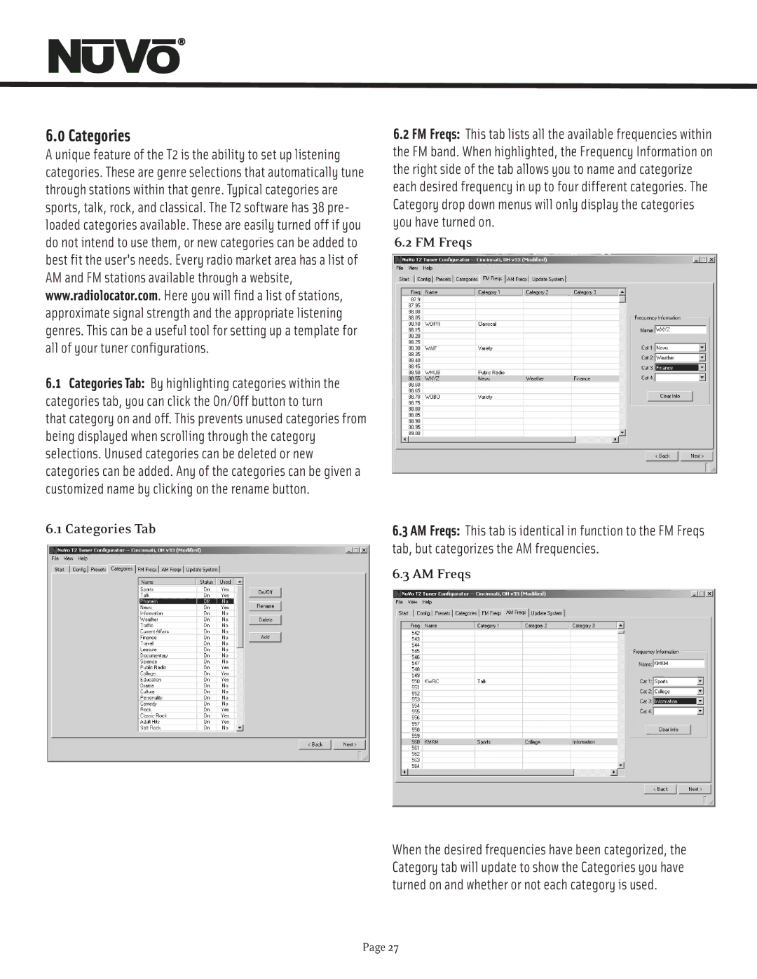 Nuvo T2 manual Categories Tab, FM Freqs, AM Freqs 