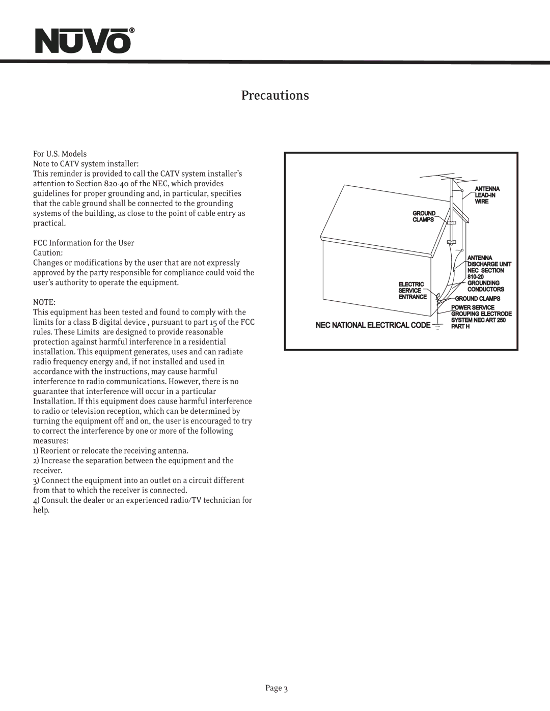 Nuvo T2 manual NEC National Electrical Code 