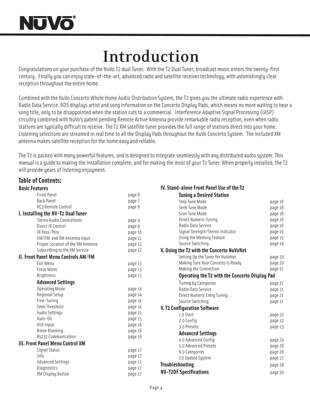 Nuvo T2 manual Introduction, Table of Contents 