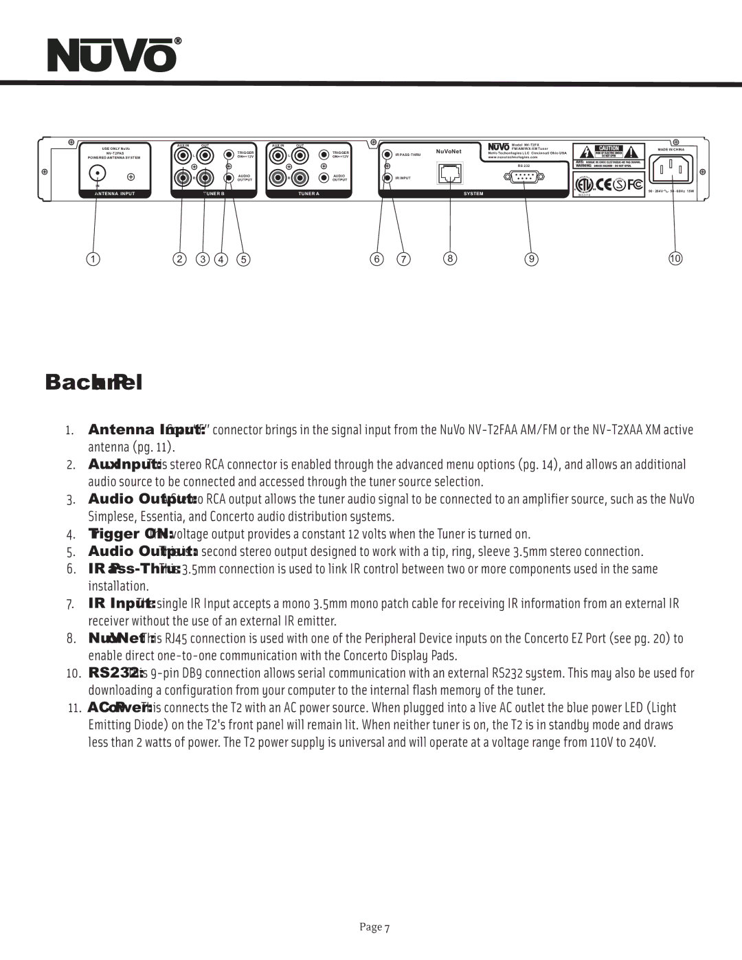 Nuvo T2 manual Back Panel 