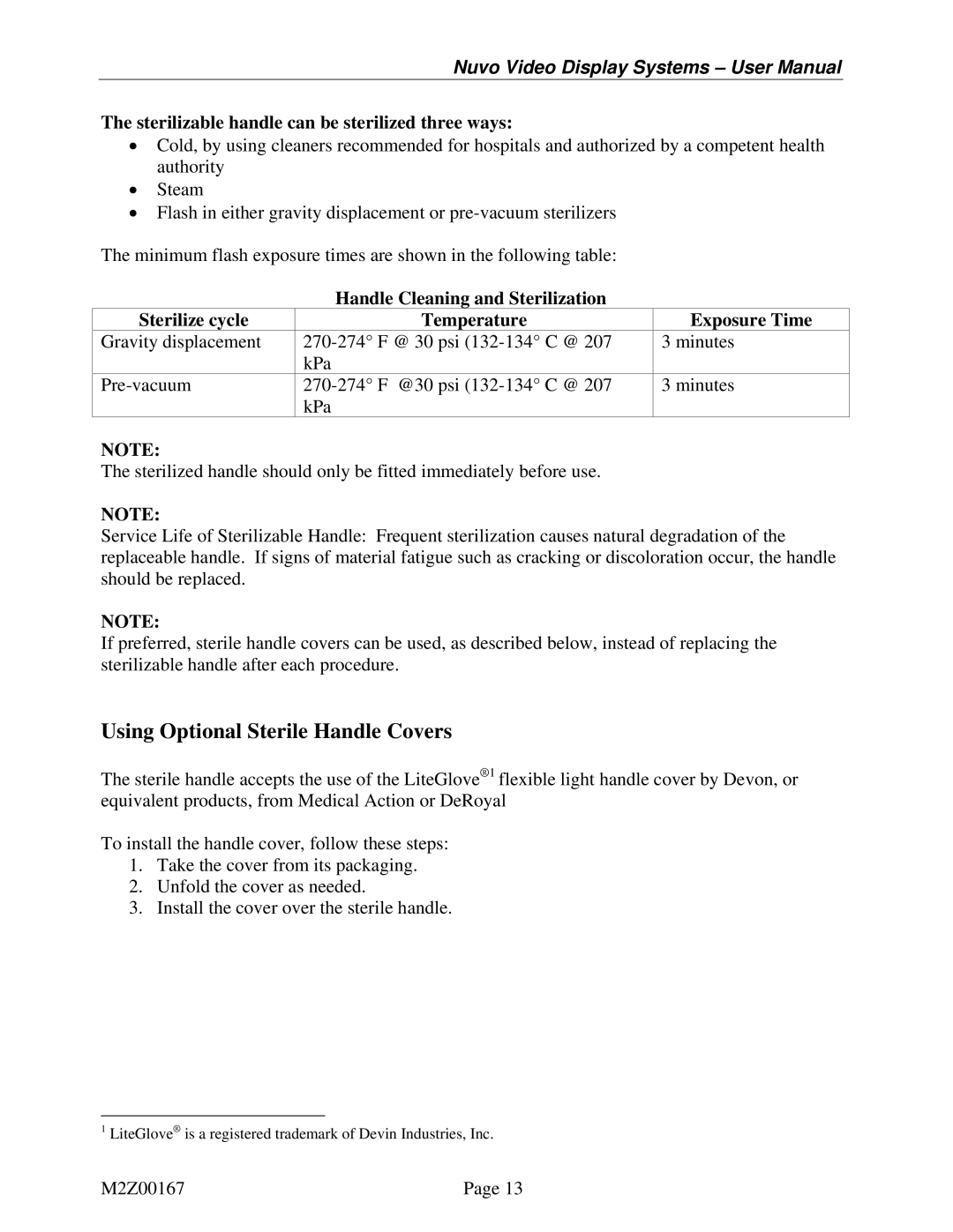 Nuvo V1360A user manual Using Optional Sterile Handle Covers, Sterilizable handle can be sterilized three ways 