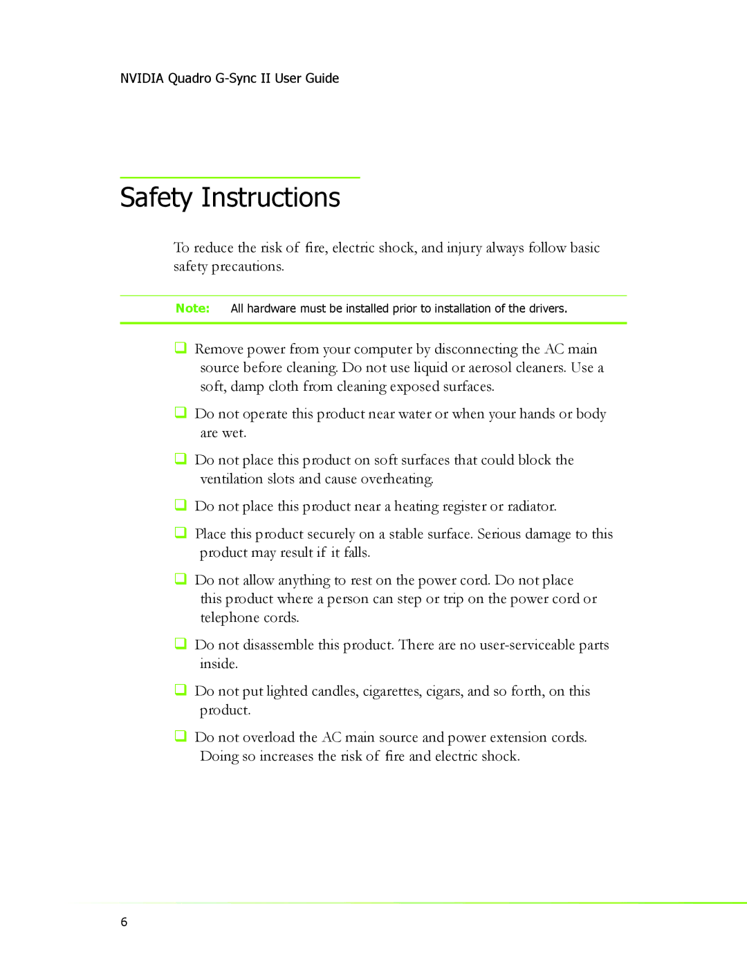 Nvidia 2 manual Safety Instructions 