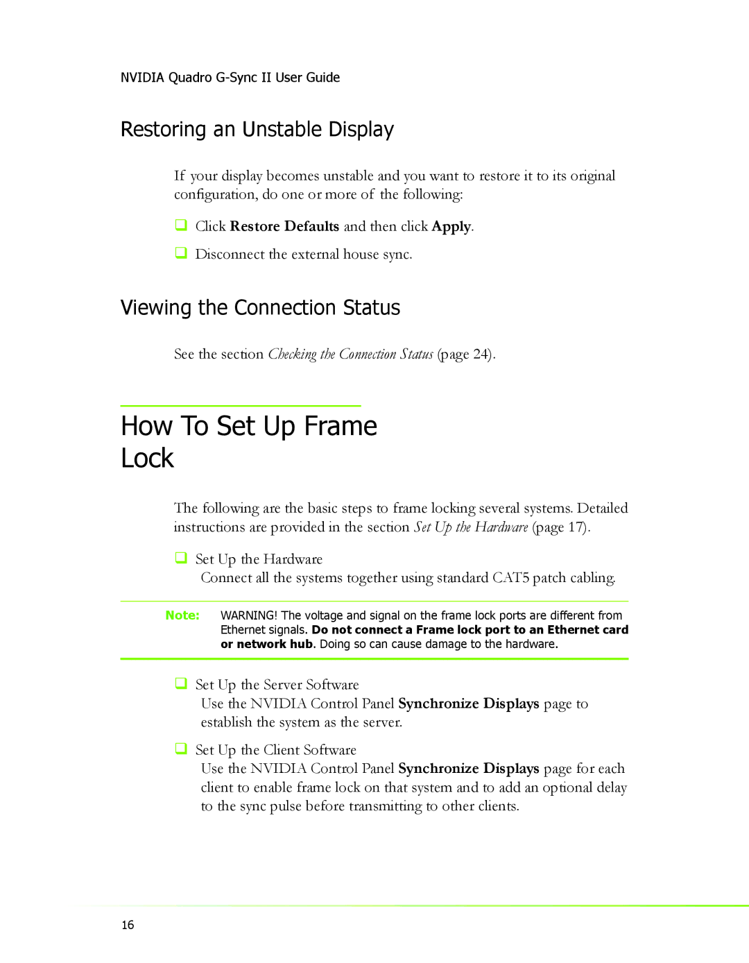 Nvidia 2 manual How To Set Up Frame Lock, Restoring an Unstable Display, Viewing the Connection Status 