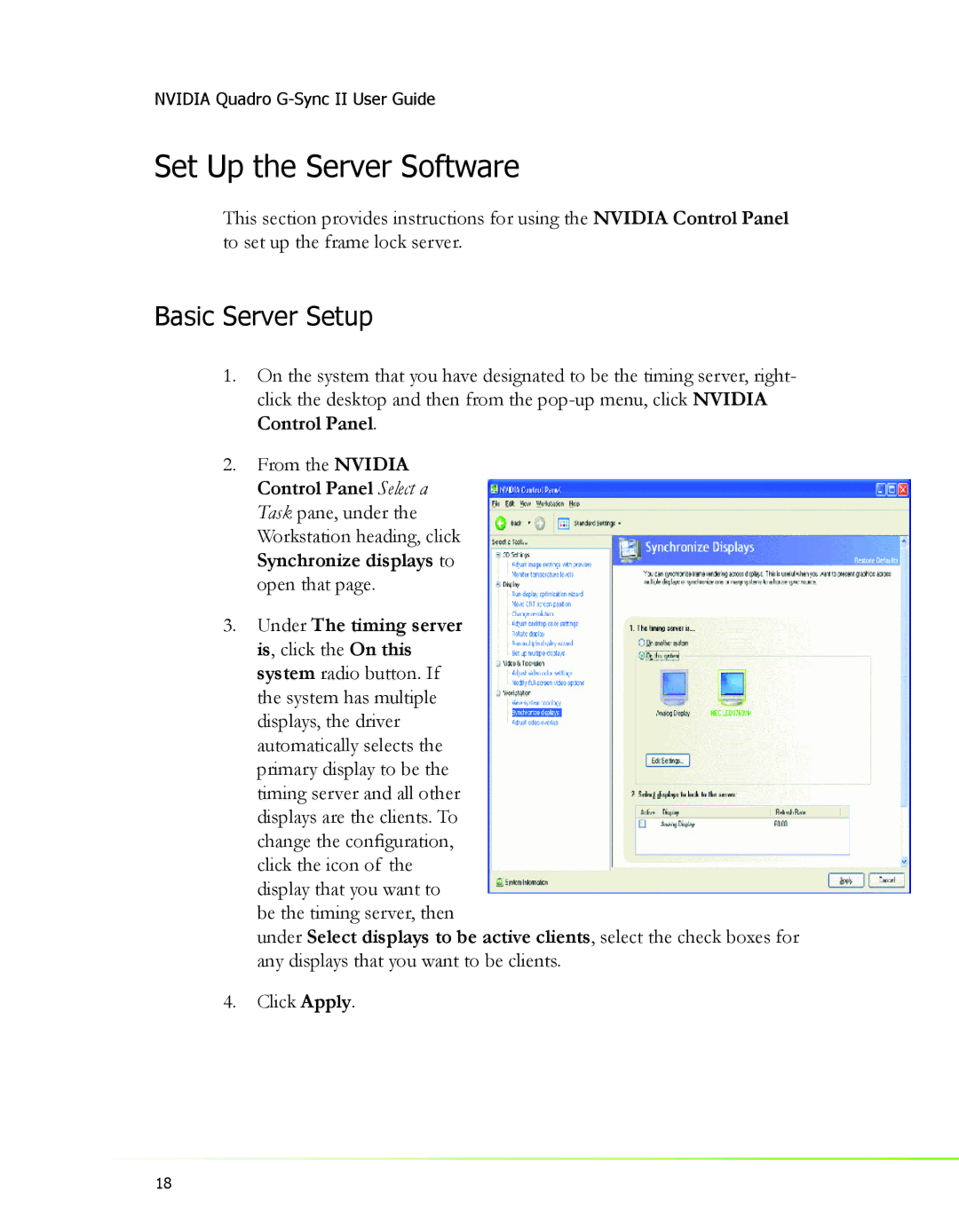 Nvidia 2 manual Set Up the Server Software, Basic Server Setup, Click Apply 