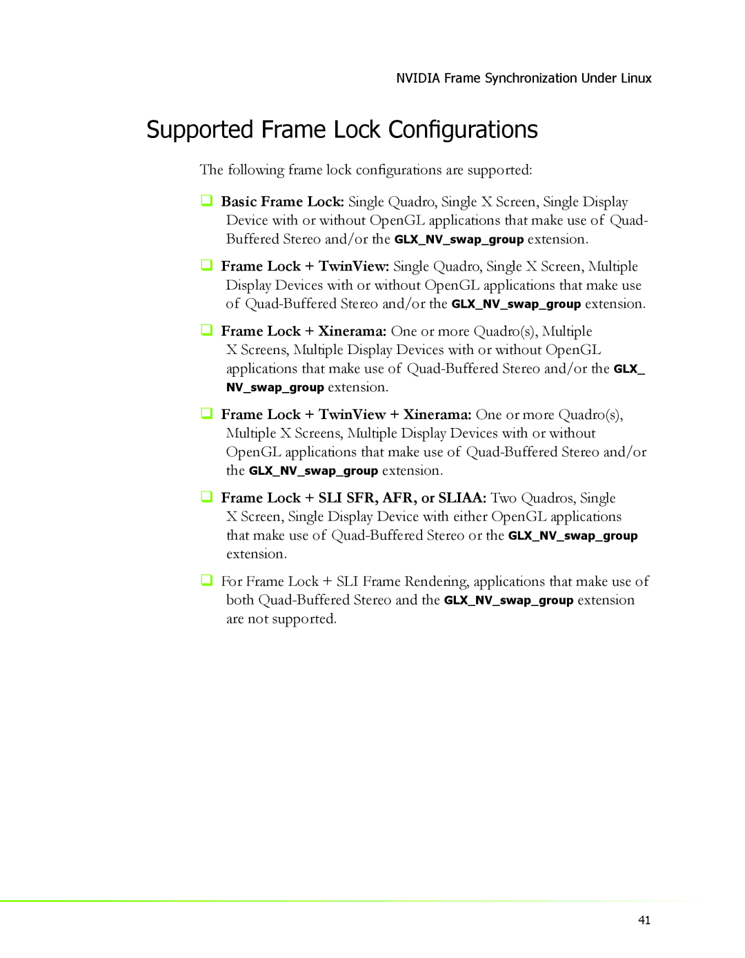 Nvidia 2 manual Supported Frame Lock Conﬁgurations, ‰ Frame Lock + SLI SFR, AFR, or Sliaa Two Quadros, Single 