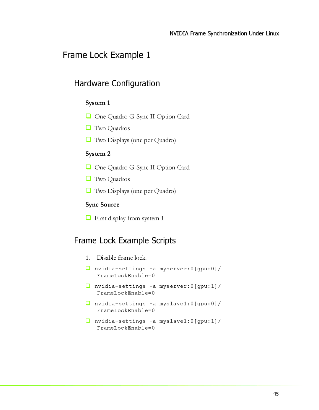 Nvidia 2 manual Frame Lock Example, ‰ First display from system, Disable frame lock 