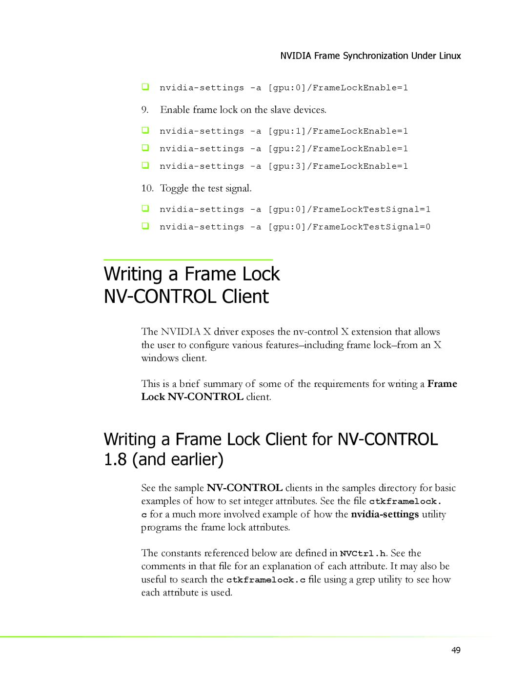 Nvidia 2 manual Writing a Frame Lock NV-CONTROL Client, Writing a Frame Lock Client for NV-CONTROL 1.8 and earlier 