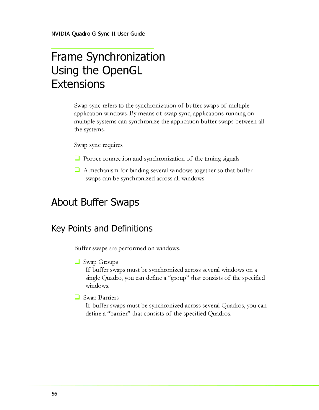 Nvidia 2 manual Frame Synchronization Using the OpenGL Extensions, About Buffer Swaps, Key Points and Deﬁnitions 