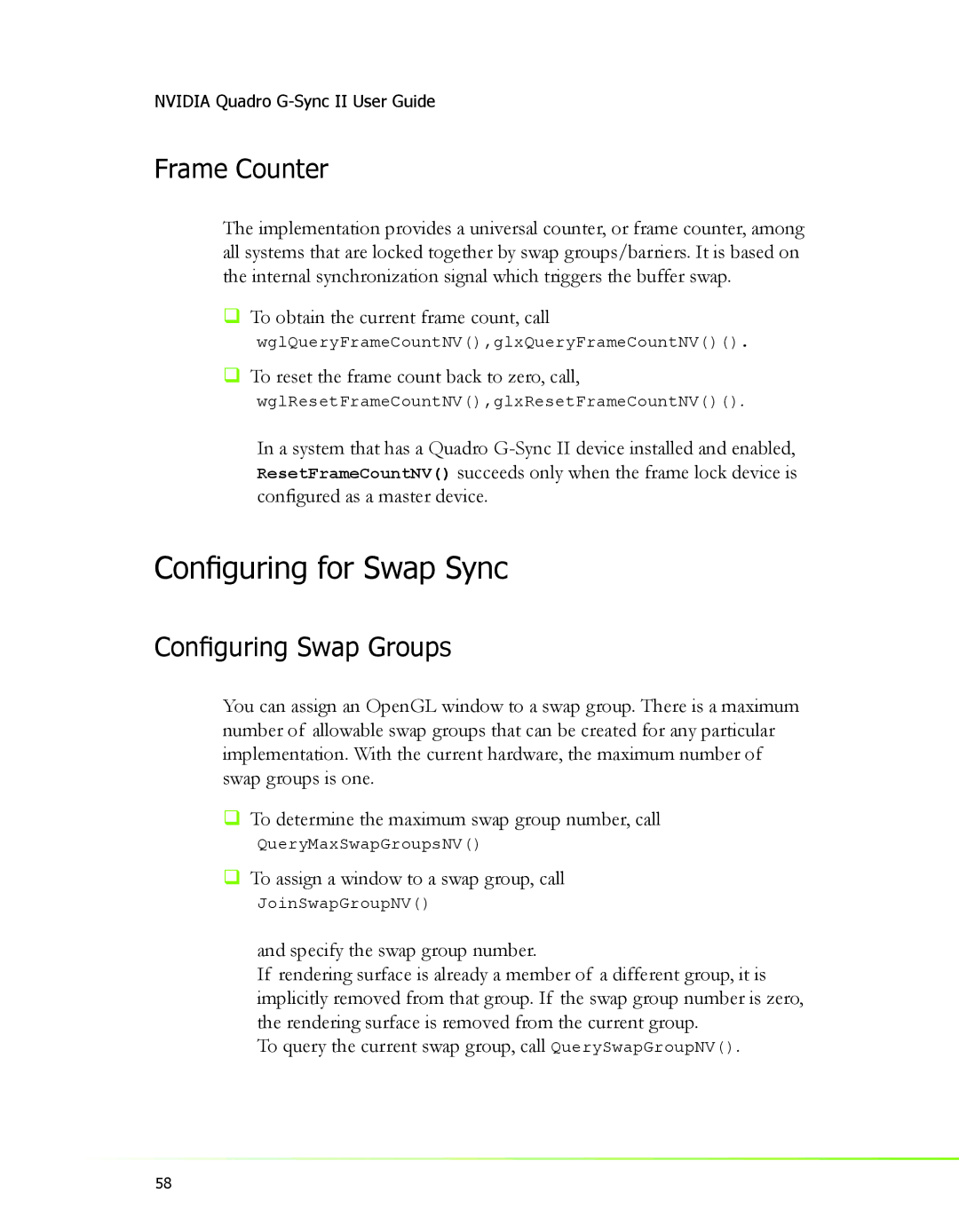 Nvidia 2 manual Conﬁguring for Swap Sync, Frame Counter, Conﬁguring Swap Groups 