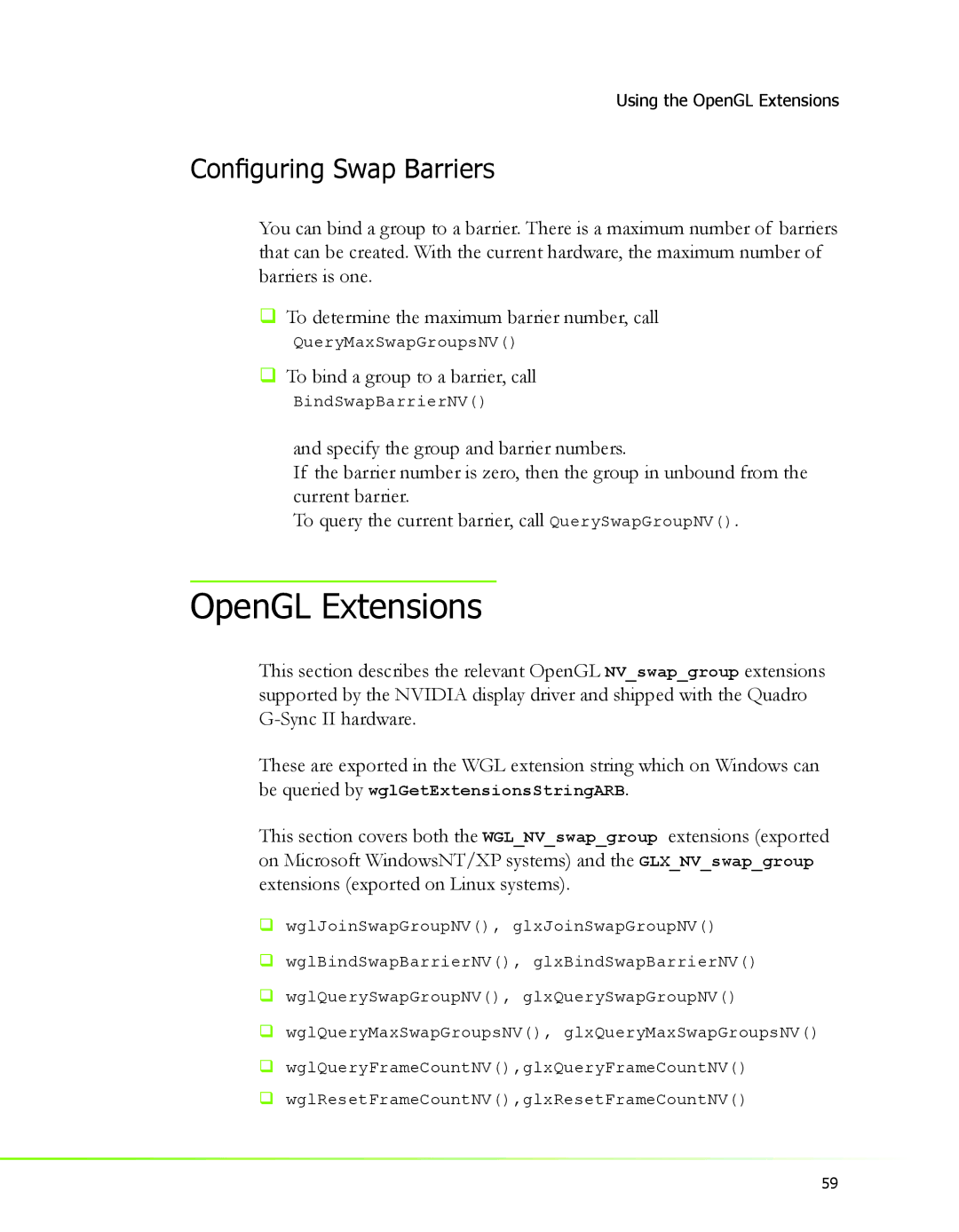 Nvidia 2 manual OpenGL Extensions, Conﬁguring Swap Barriers, ‰ To bind a group to a barrier, call 