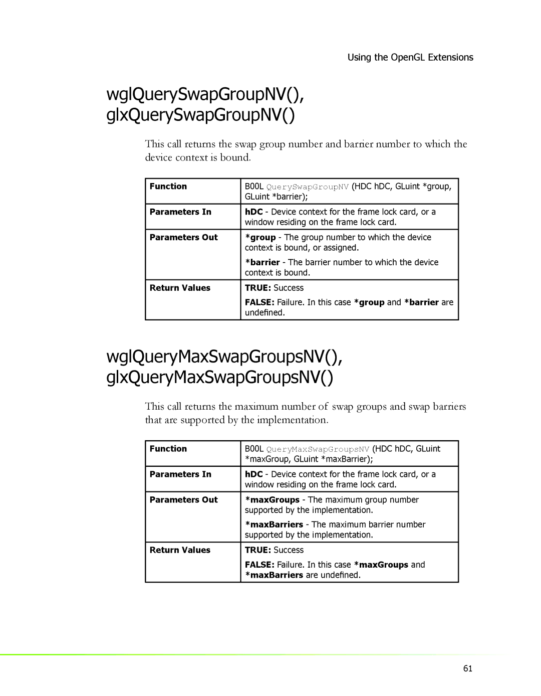 Nvidia 2 manual WglQuerySwapGroupNV GlxQuerySwapGroupNV, WglQueryMaxSwapGroupsNV GlxQueryMaxSwapGroupsNV 