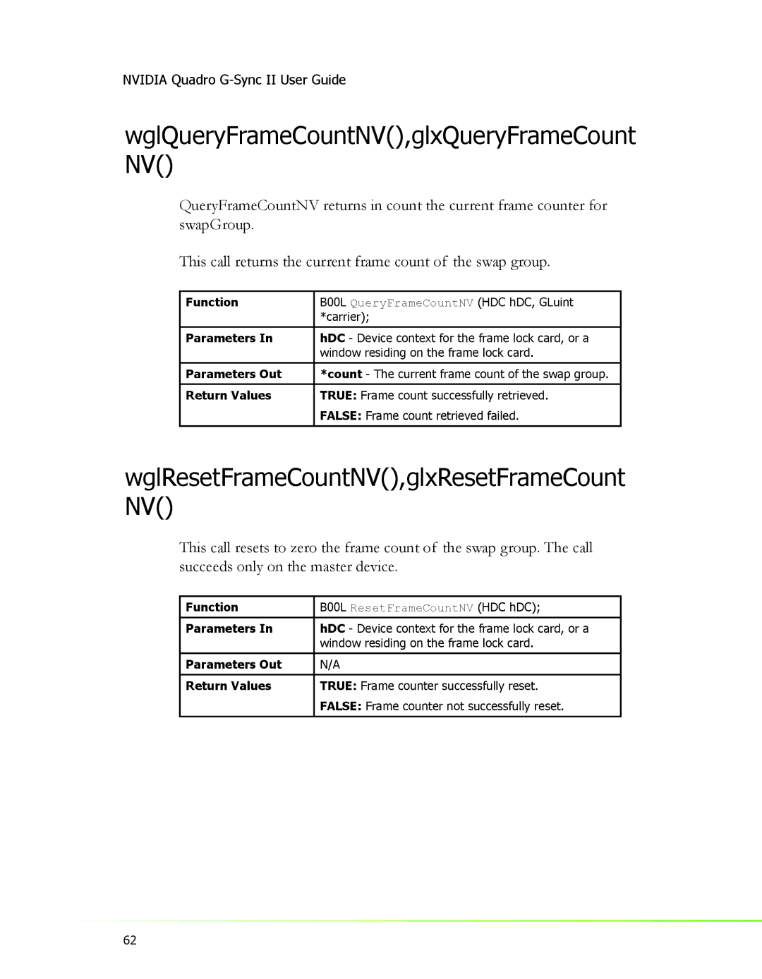 Nvidia 2 manual WglQueryFrameCountNV,glxQueryFrameCount, WglResetFrameCountNV,glxResetFrameCount 