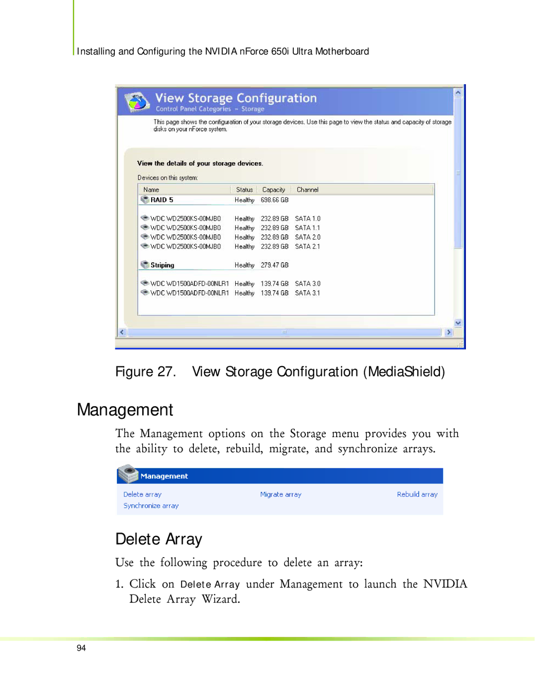 Nvidia 650I manual Delete Array, View Storage Configuration MediaShield 