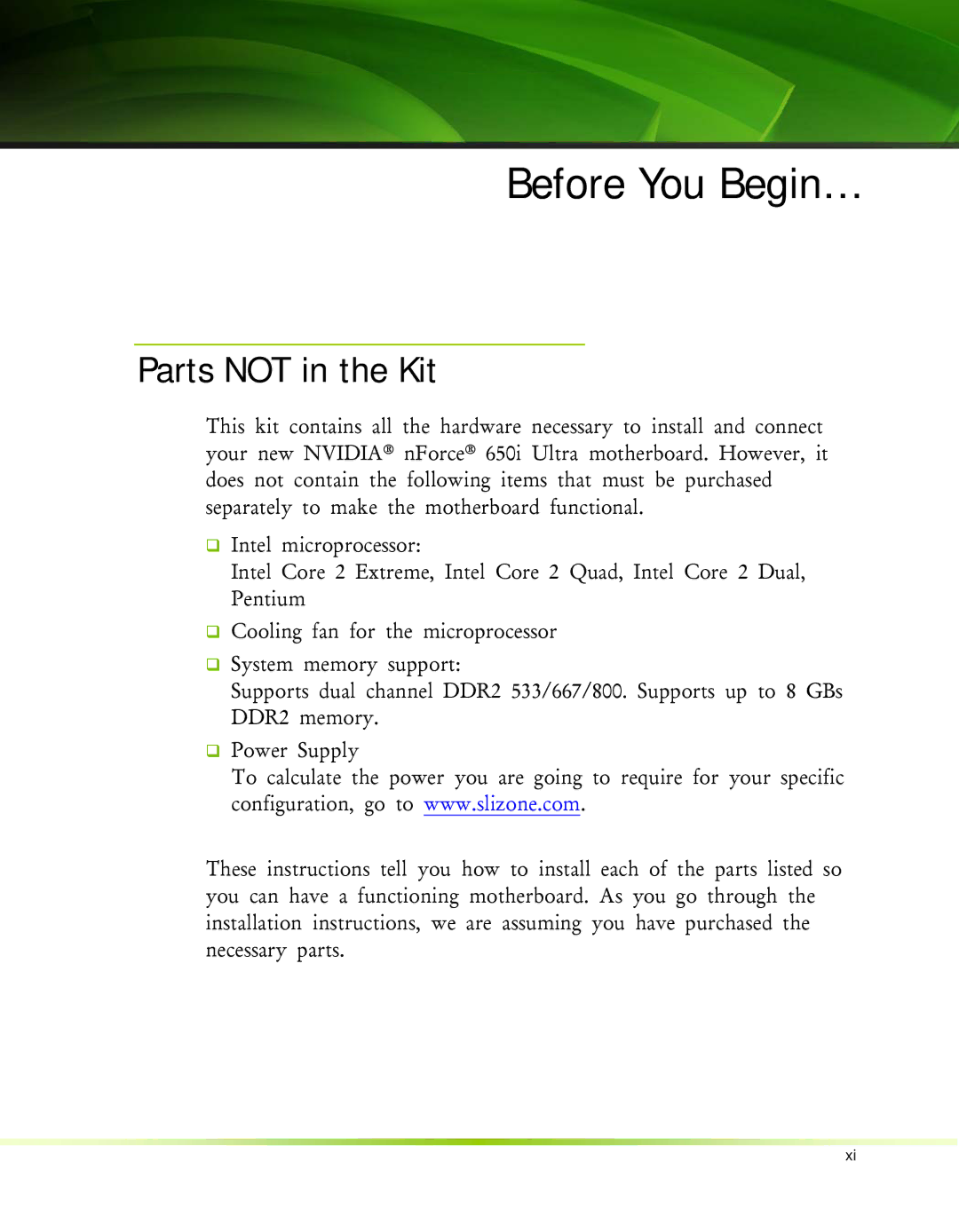 Nvidia 650I manual Before You Begin…, Parts not in the Kit 