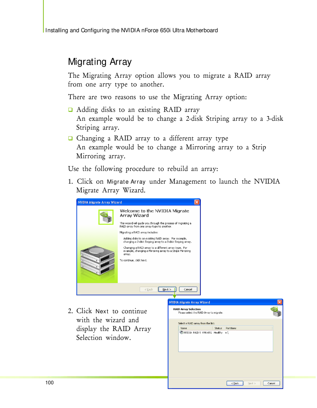 Nvidia 650I manual Migrating Array 