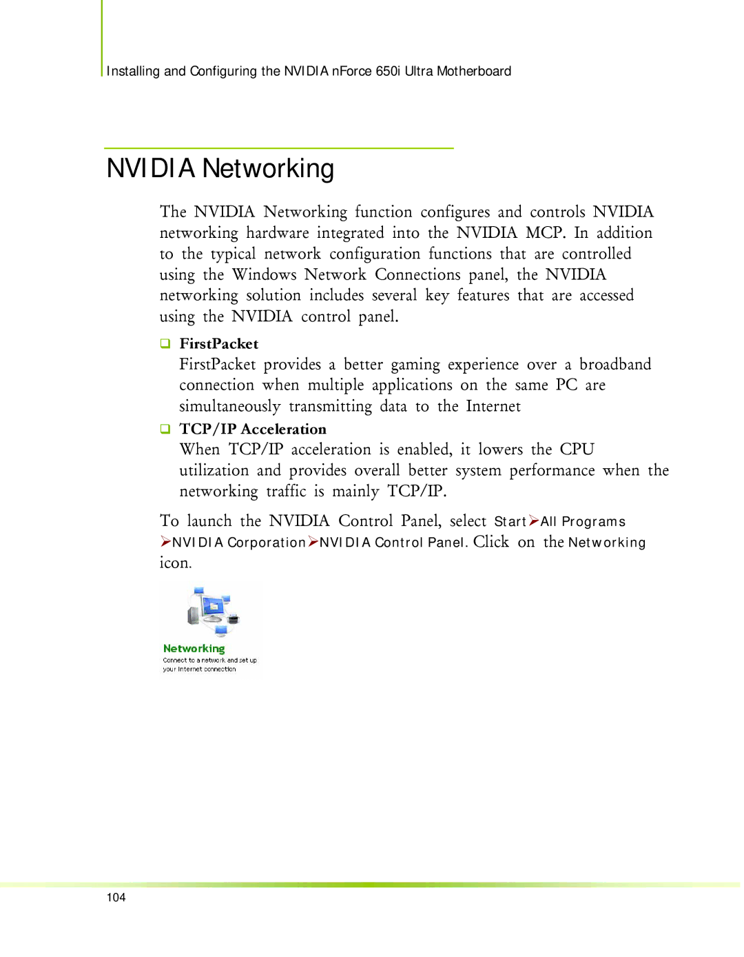 Nvidia 650I manual Nvidia Networking, ‰ FirstPacket, ‰ TCP/IP Acceleration 