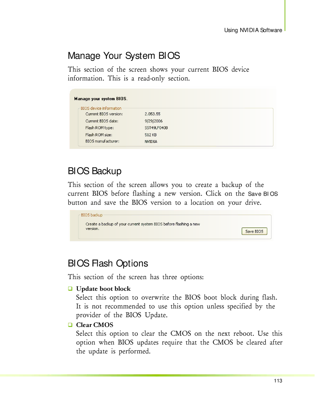 Nvidia 650I manual Manage Your System Bios, Bios Backup, Bios Flash Options, ‰ Update boot block, ‰ Clear Cmos 