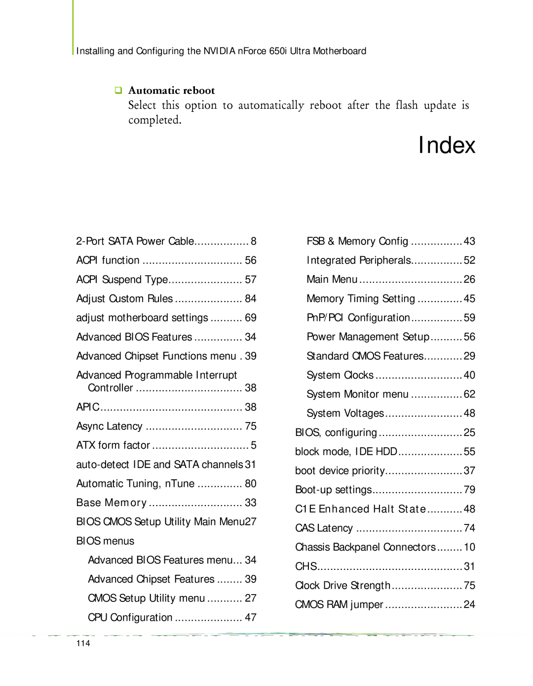 Nvidia 650I manual Index, ‰ Automatic reboot 