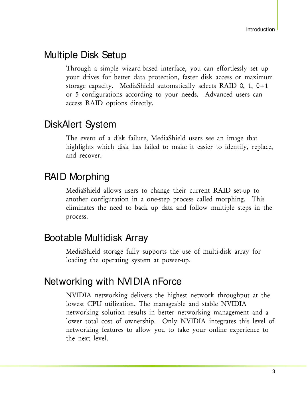 Nvidia 650I Multiple Disk Setup, DiskAlert System, RAID Morphing, Bootable Multidisk Array, Networking with Nvidia nForce 