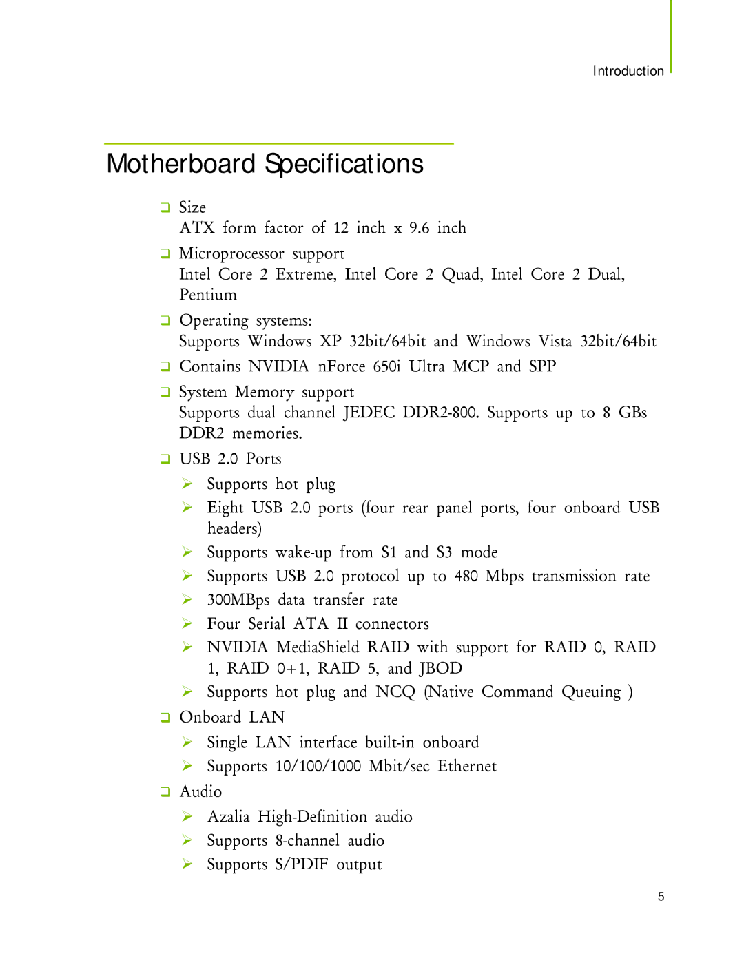 Nvidia 650I manual Motherboard Specifications 