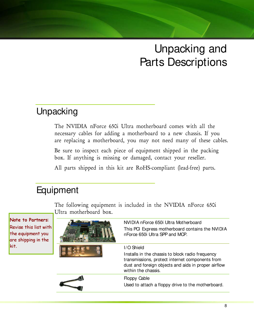 Nvidia 650I manual Unpacking, Equipment 