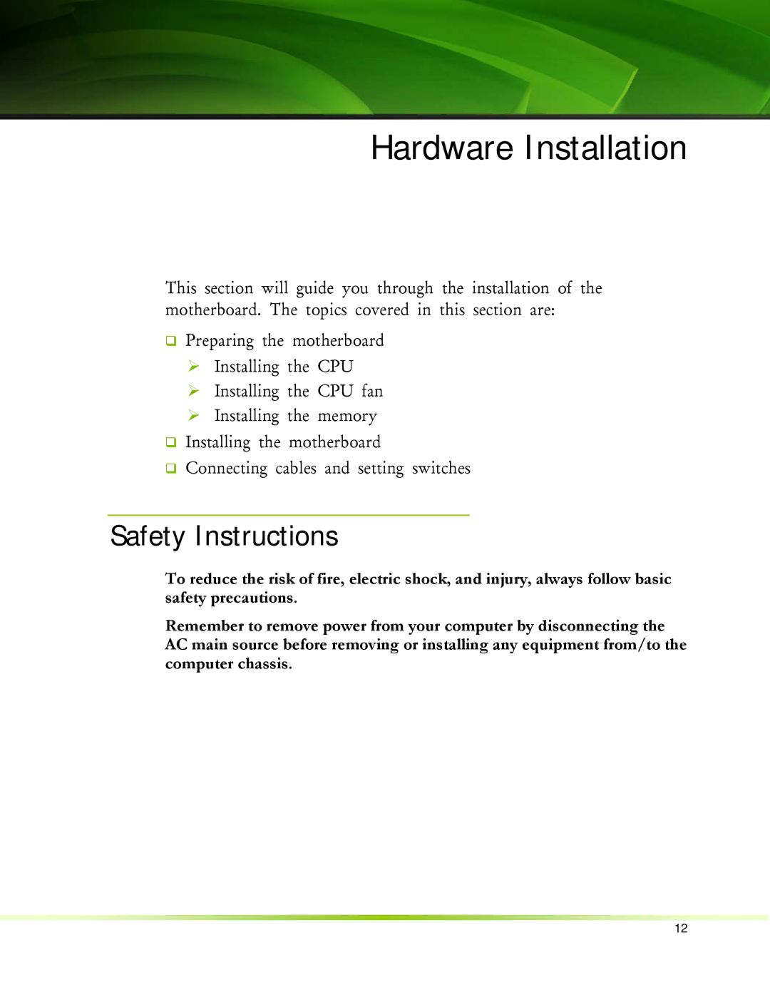 Nvidia 650I manual Hardware Installation, Safety Instructions 