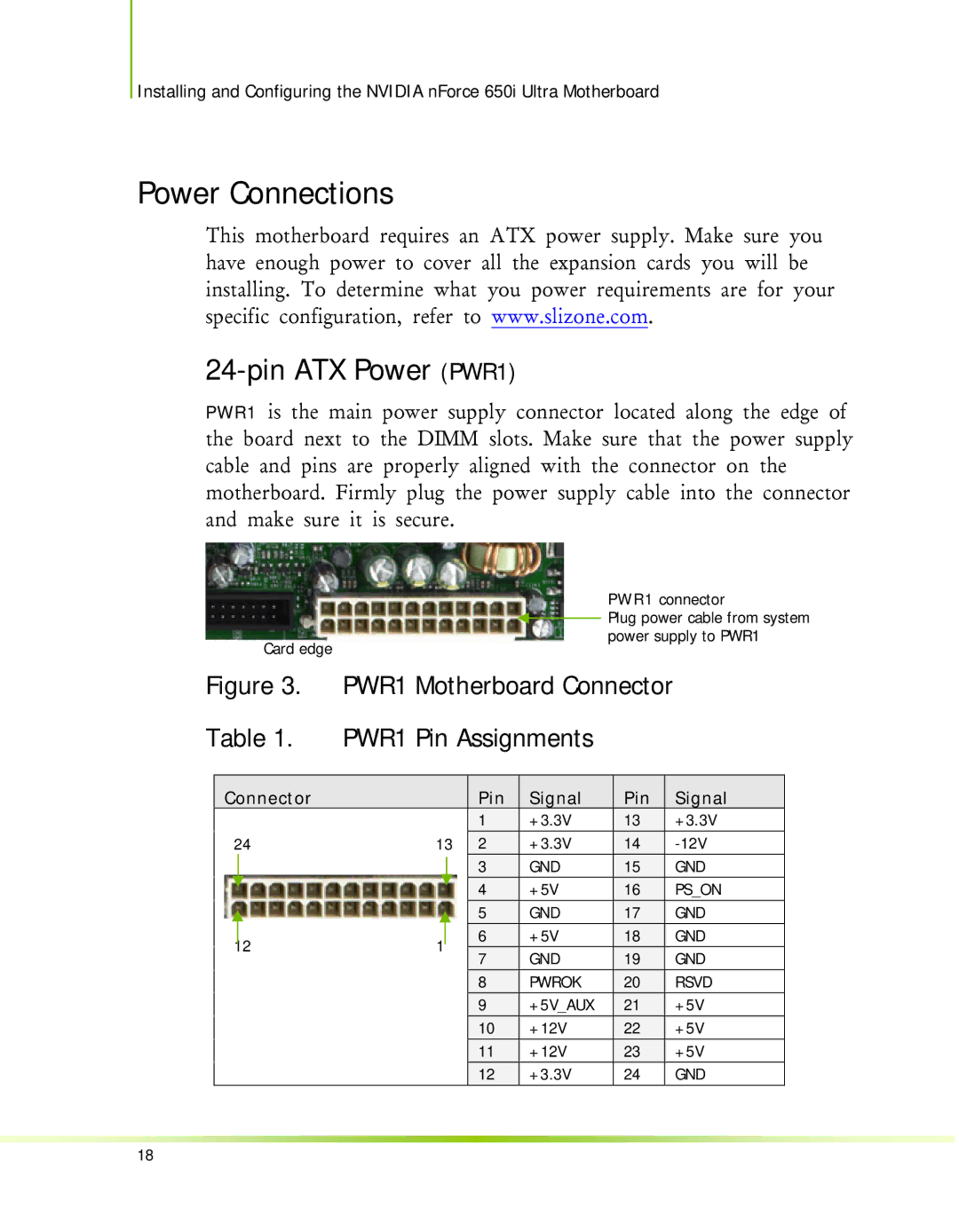 Nvidia 650I manual Power Connections, Pin ATX Power PWR1 