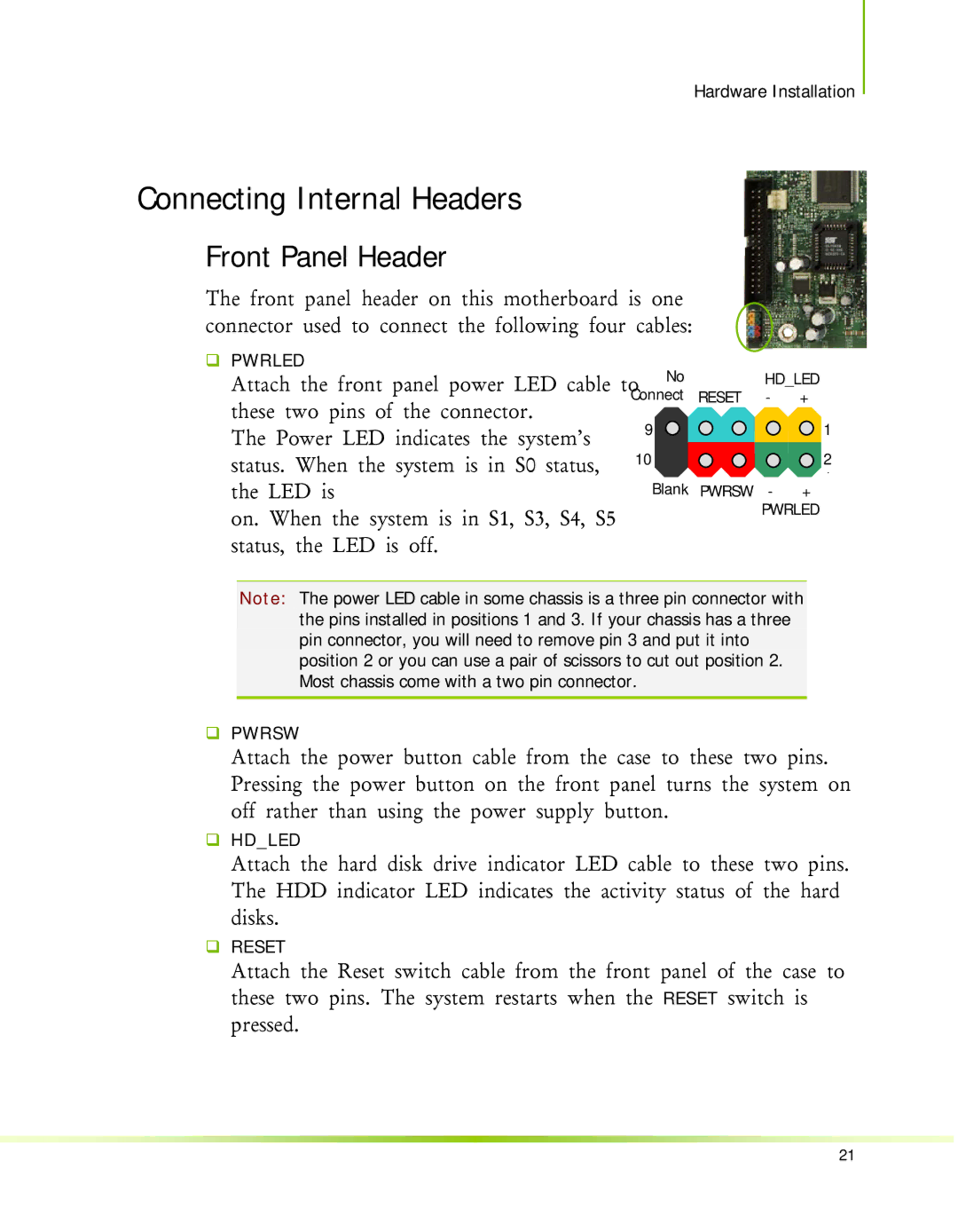 Nvidia 650I manual Connecting Internal Headers, Front Panel Header 