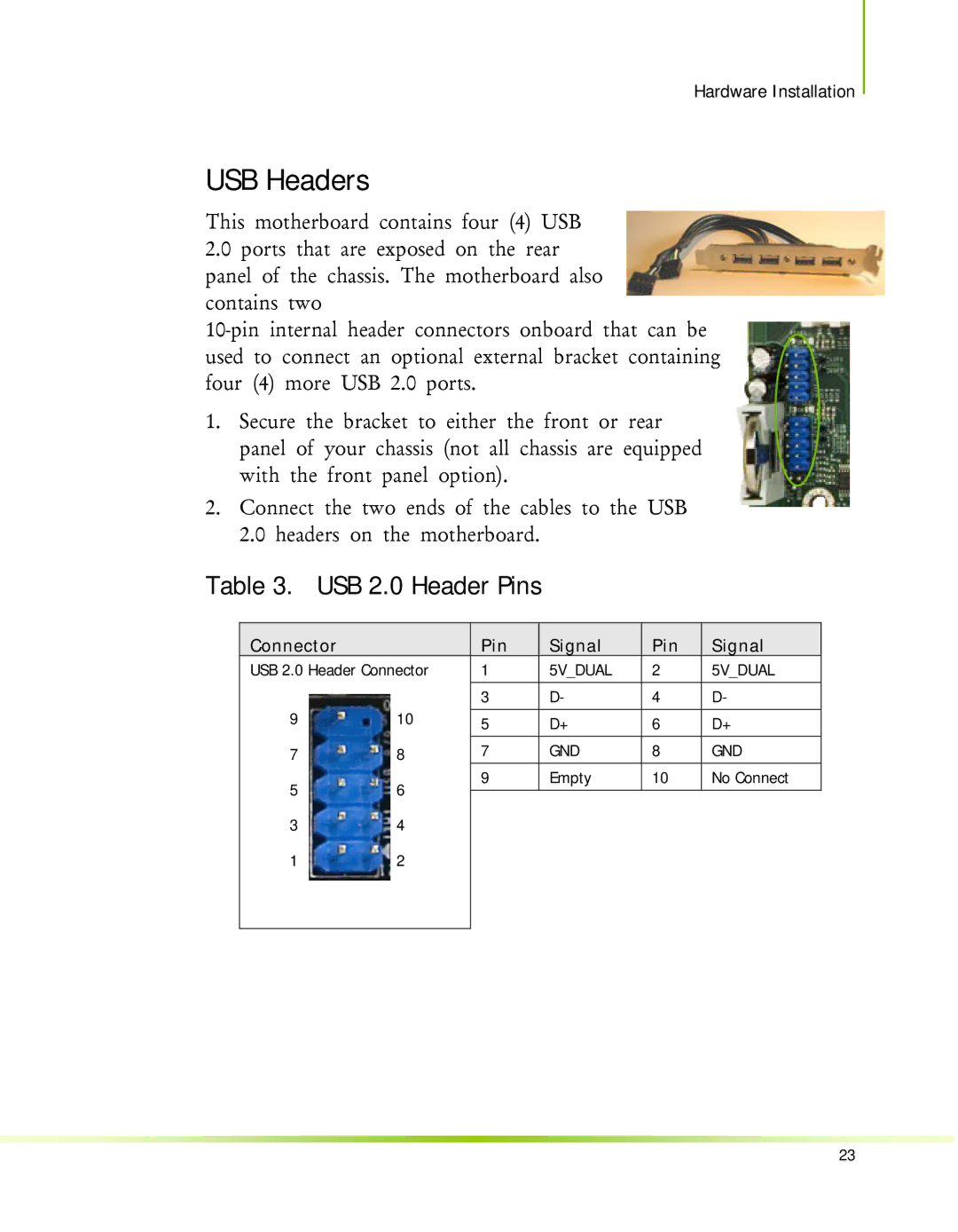 Nvidia 650I manual USB Headers, USB 2.0 Header Pins 