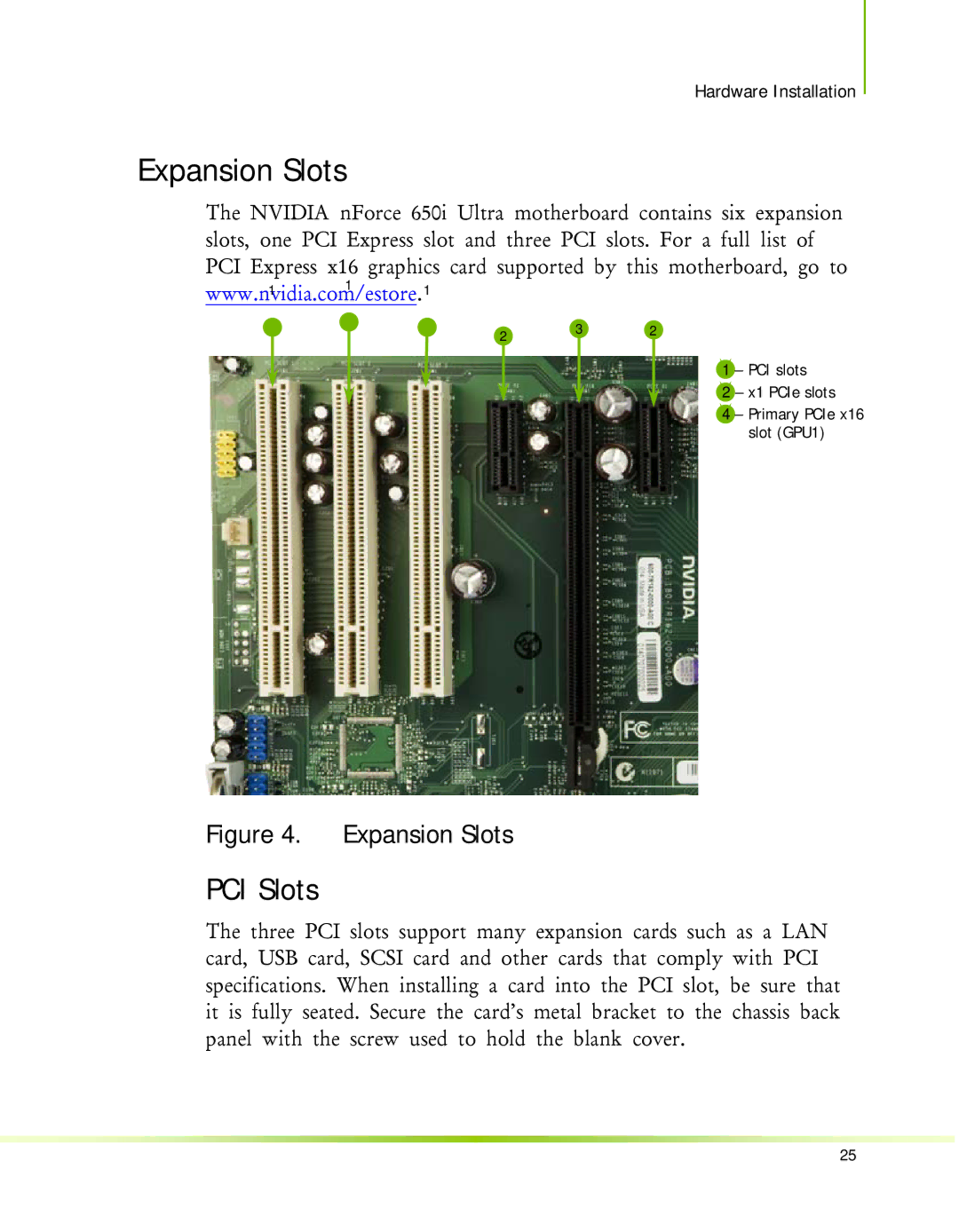 Nvidia 650I manual Expansion Slots, PCI Slots 