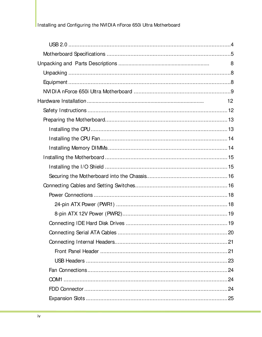 Nvidia 650I manual Unpacking and Parts Descriptions 