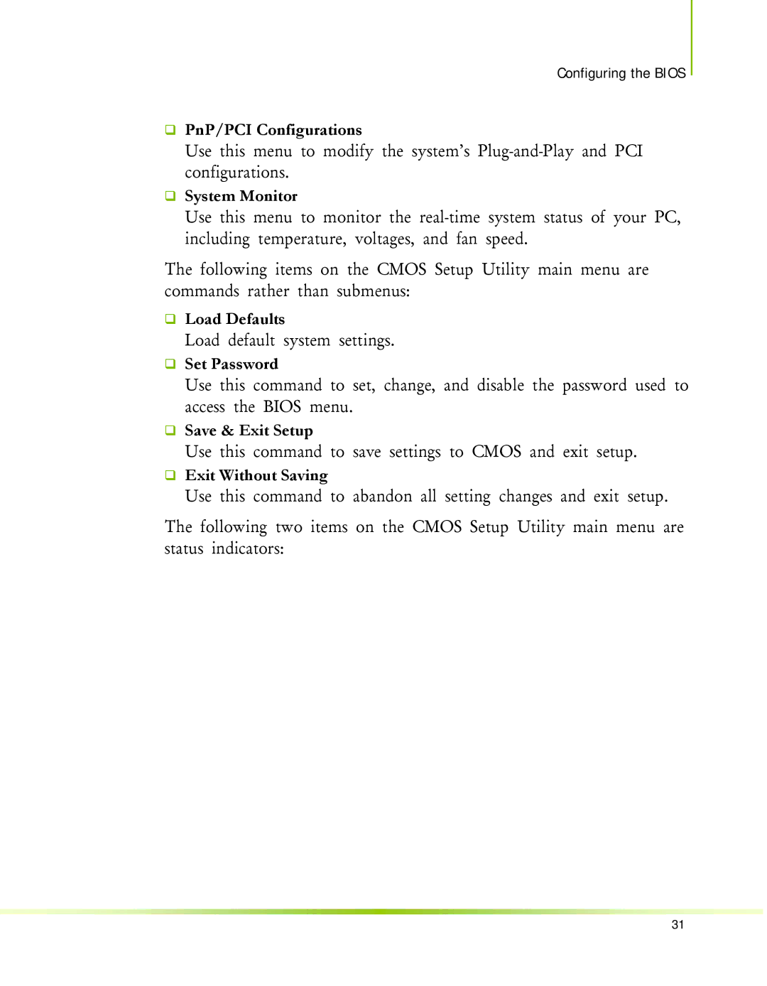 Nvidia 650I manual ‰ PnP/PCI Configurations, ‰ System Monitor, ‰ Load Defaults, ‰ Set Password, ‰ Save & Exit Setup 