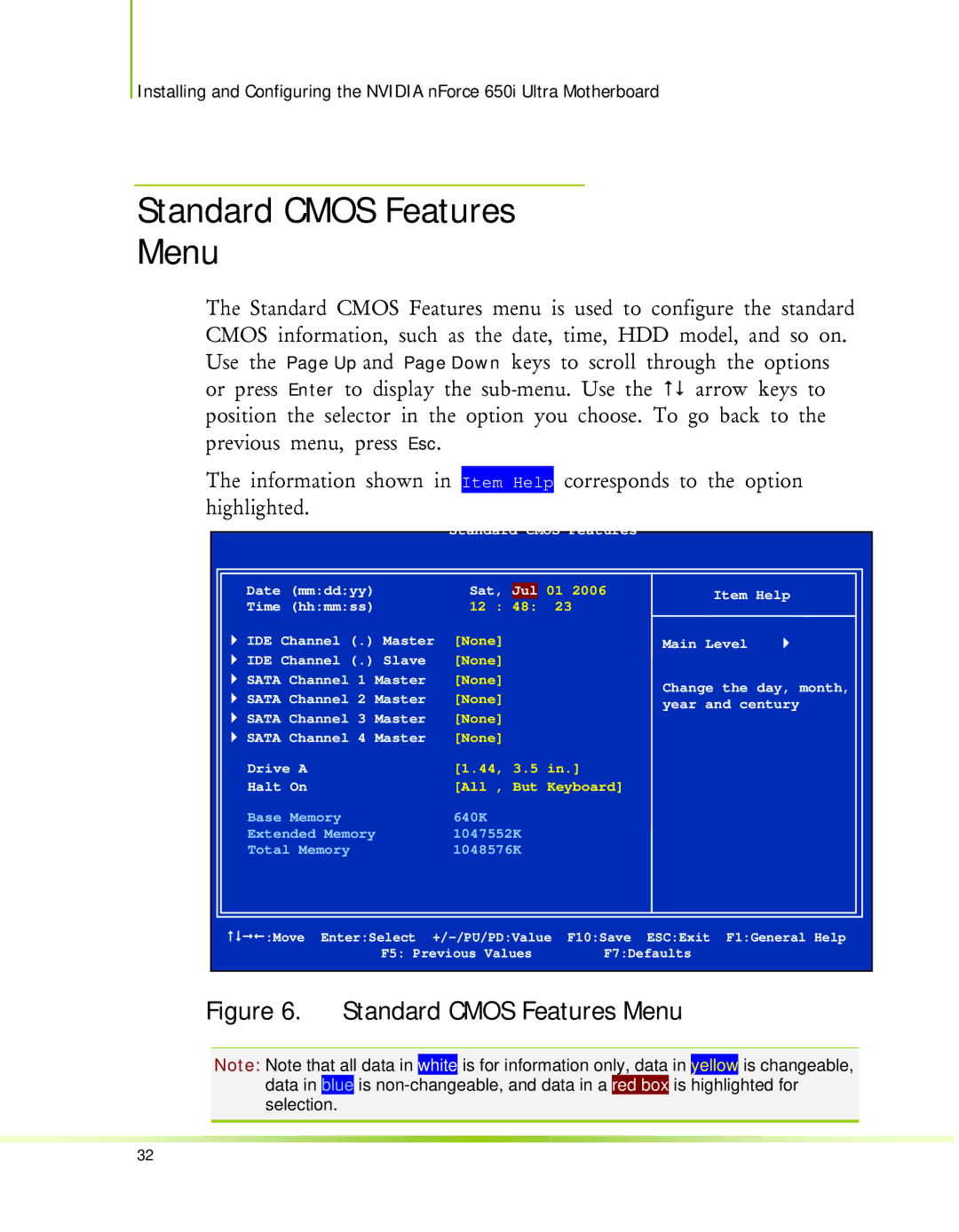 Nvidia 650I manual Standard Cmos Features Menu 