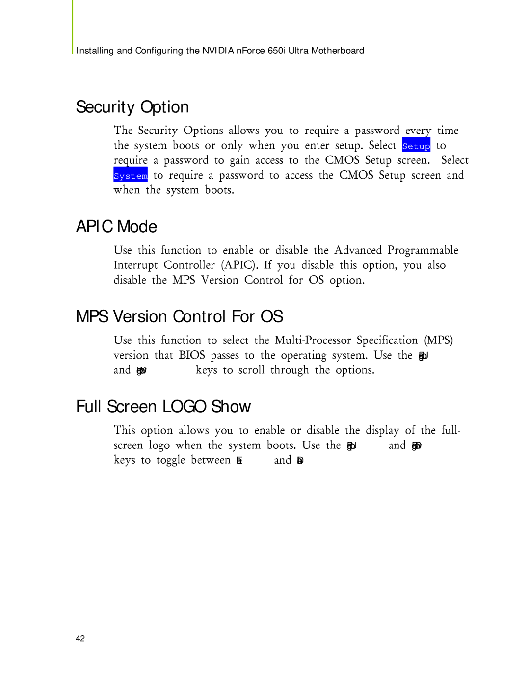 Nvidia 650I manual Security Option, Apic Mode, MPS Version Control For OS, Full Screen Logo Show 