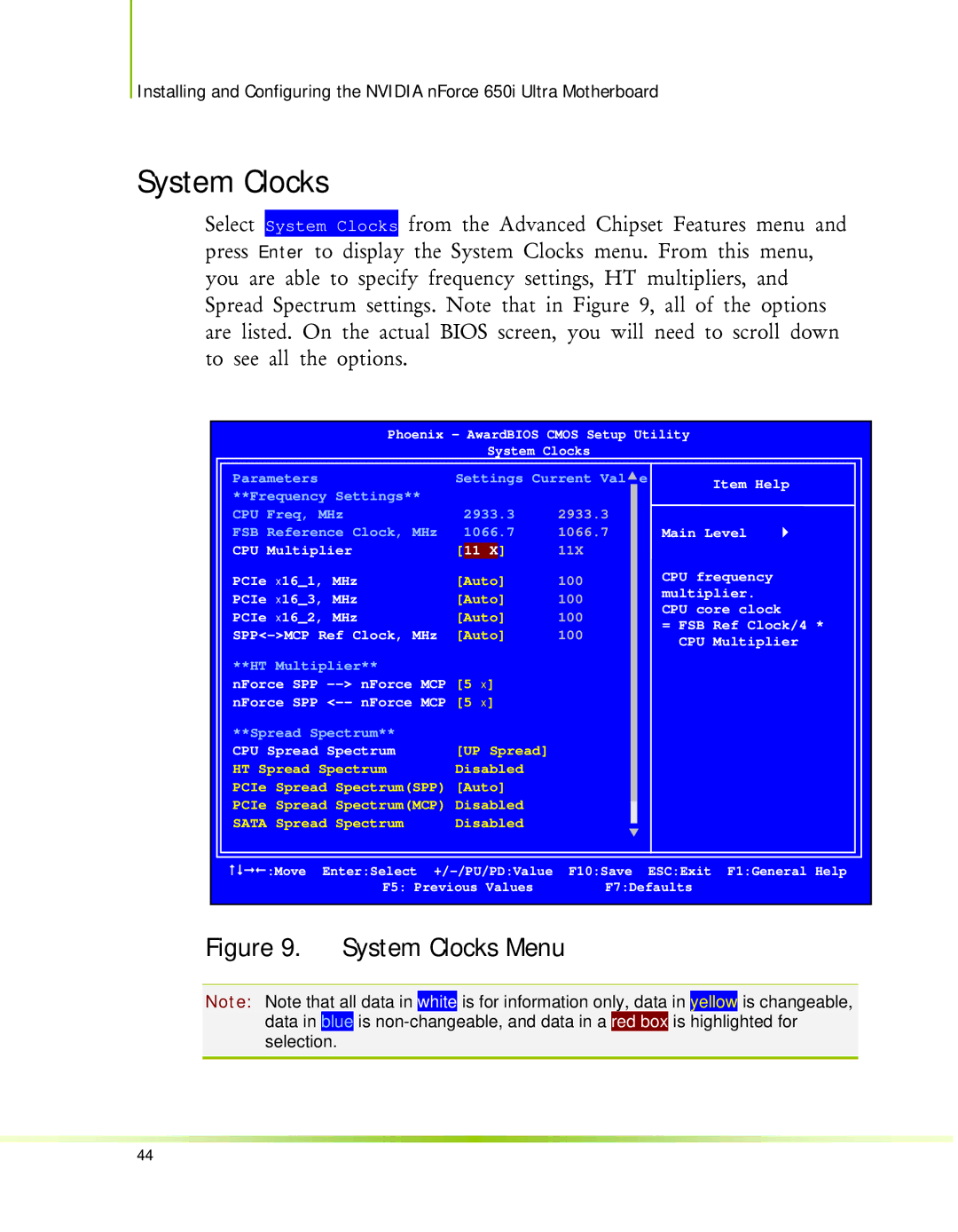 Nvidia 650I manual System Clocks, CPU Spread Spectrum 