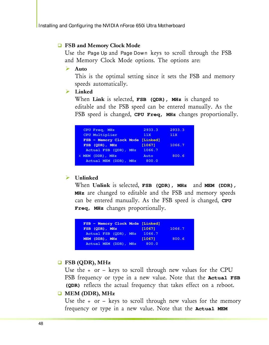 Nvidia 650I manual ‰ FSB and Memory Clock Mode, ¾ Linked, ¾ Unlinked, ‰ FSB QDR, MHz, ‰ MEM DDR, MHz 