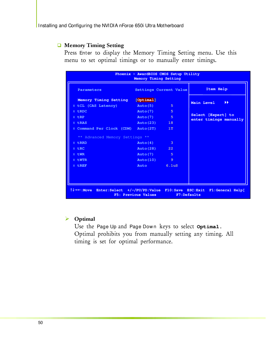 Nvidia 650I manual ‰ Memory Timing Setting, ¾ Optimal 