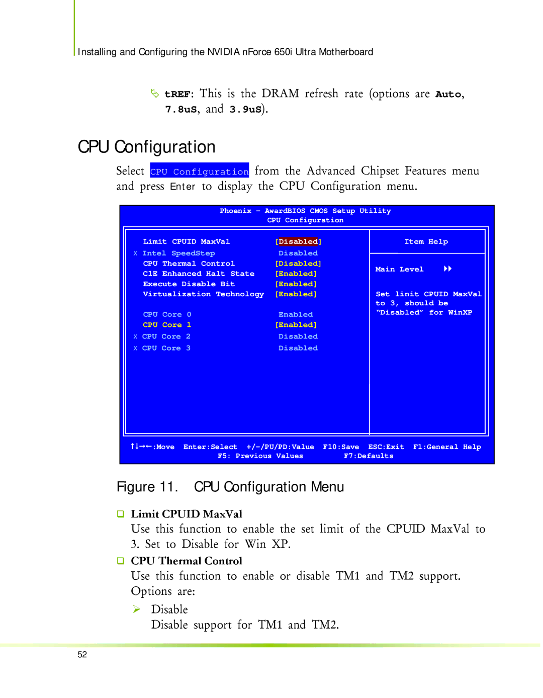 Nvidia 650I manual CPU Configuration, ‰ Limit Cpuid MaxVal, ‰ CPU Thermal Control 