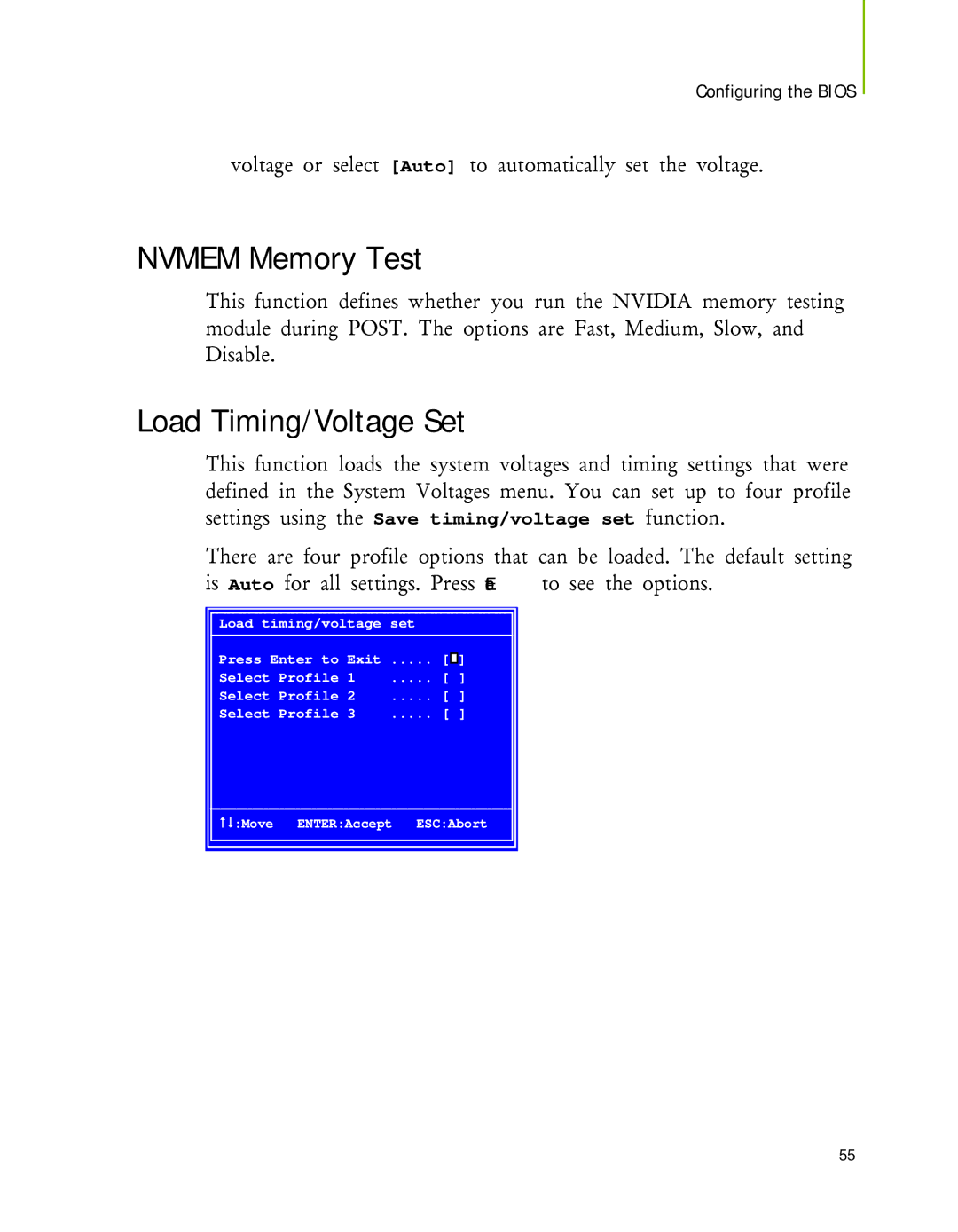 Nvidia 650I manual Nvmem Memory Test, Load Timing/Voltage Set 