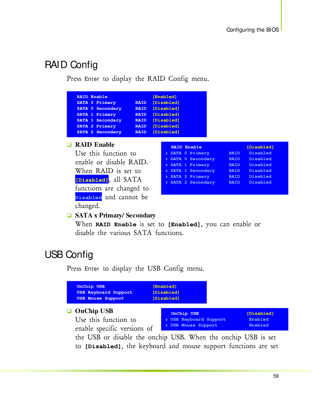 Nvidia 650I manual RAID Config, USB Config, ‰ RAID Enable, ‰ Sata x Primary/Secondary, ‰ OnChip USB 