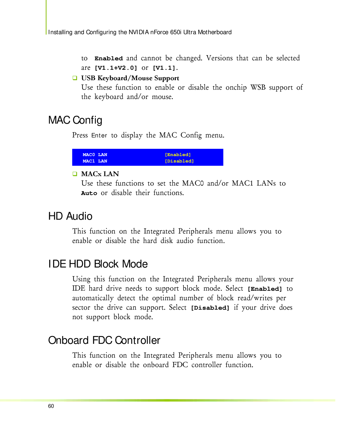 Nvidia 650I manual MAC Config, HD Audio, IDE HDD Block Mode, Onboard FDC Controller 