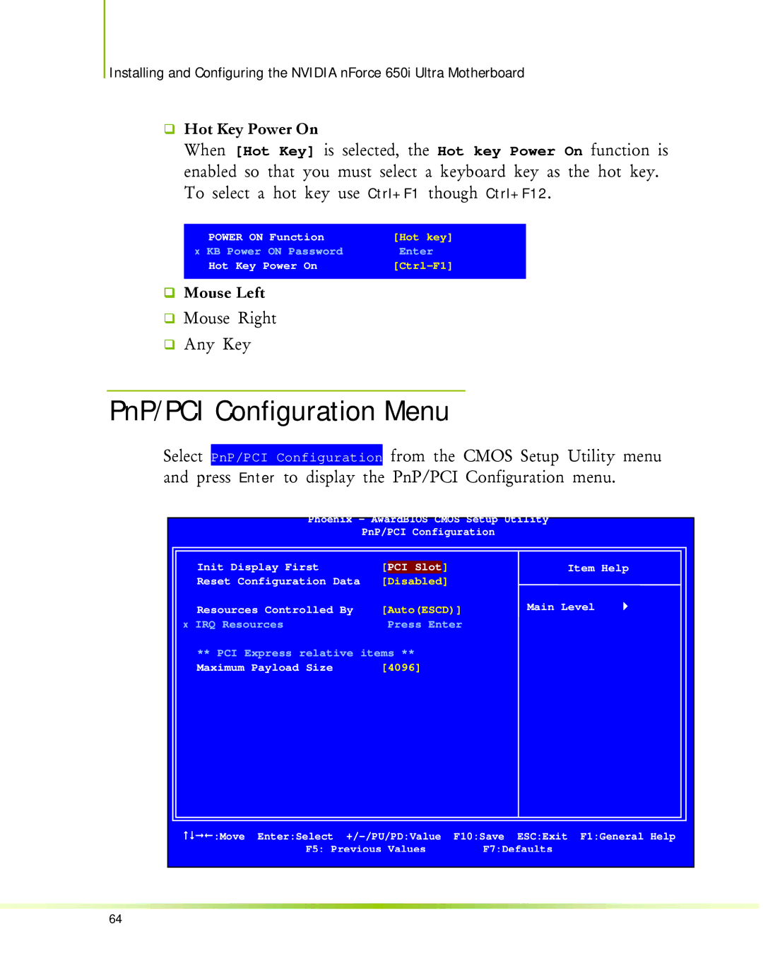 Nvidia 650I manual PnP/PCI Configuration Menu, ‰ Hot Key Power On, ‰ Mouse Left 