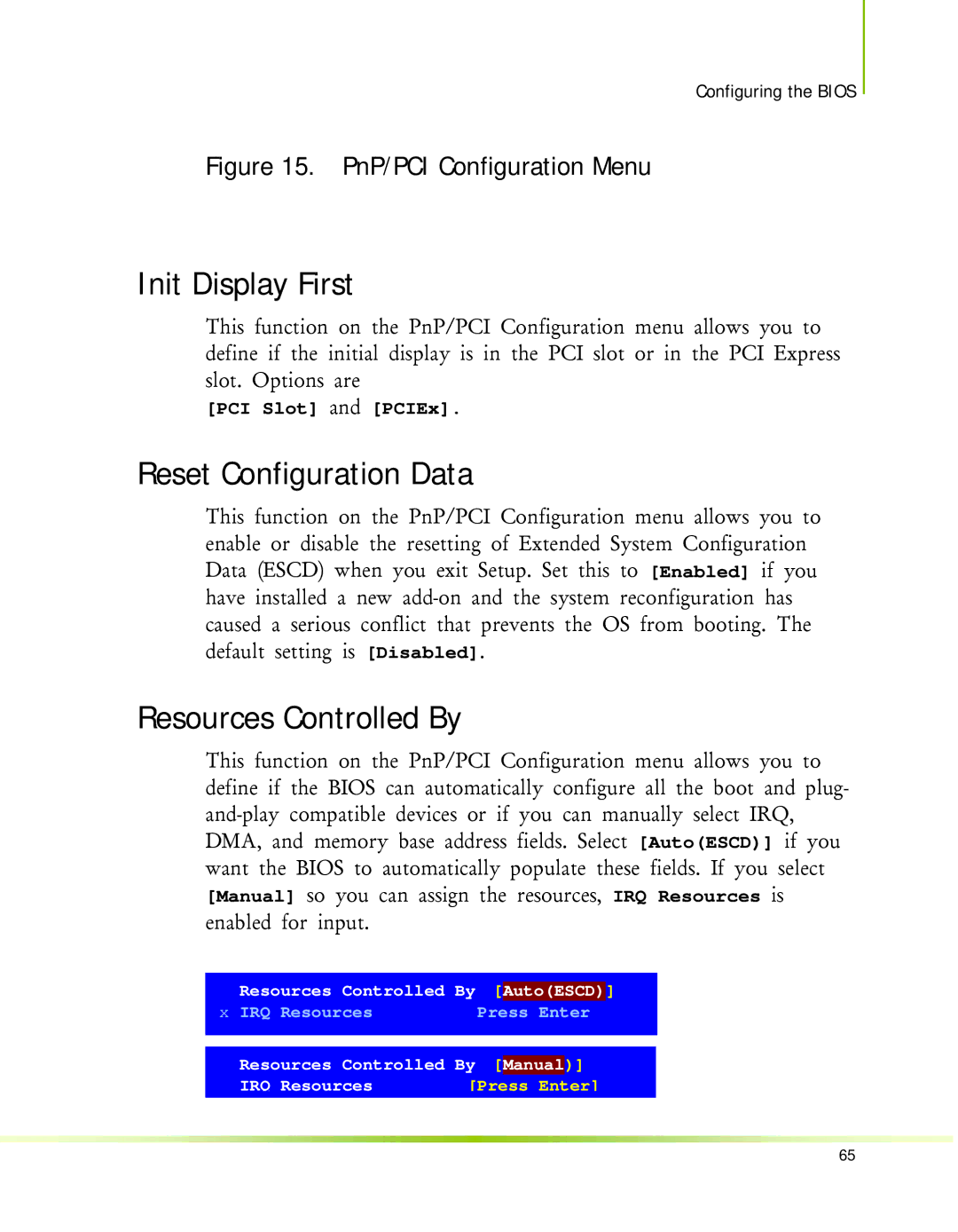 Nvidia 650I manual Init Display First, Reset Configuration Data, Resources Controlled By 