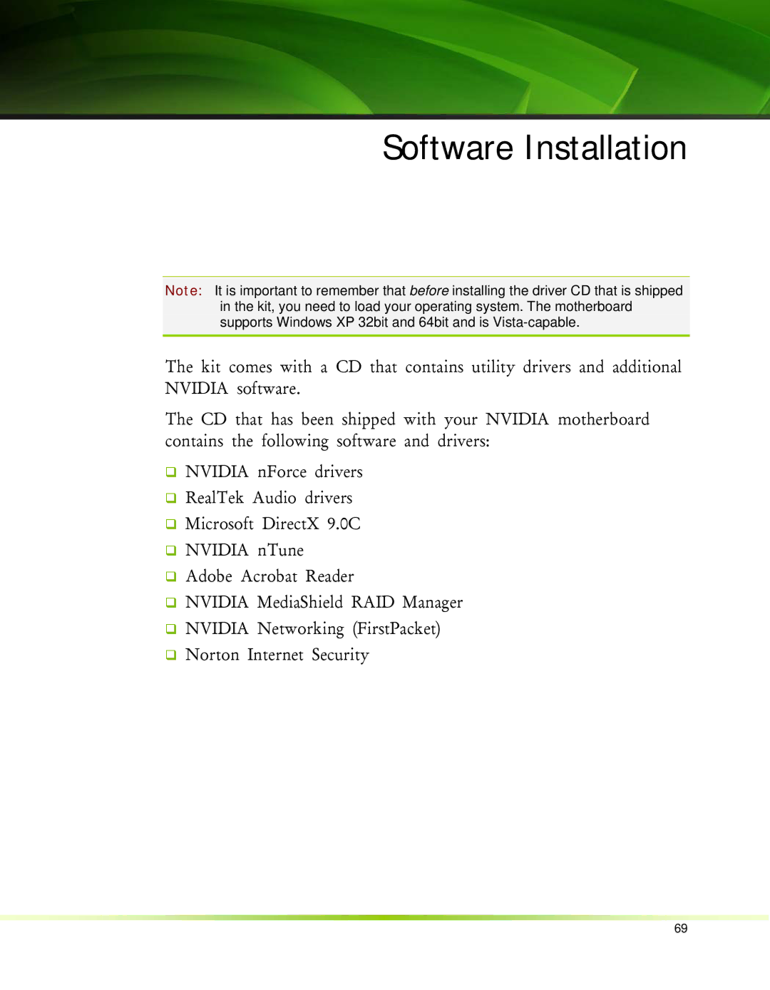 Nvidia 650I manual Software Installation 