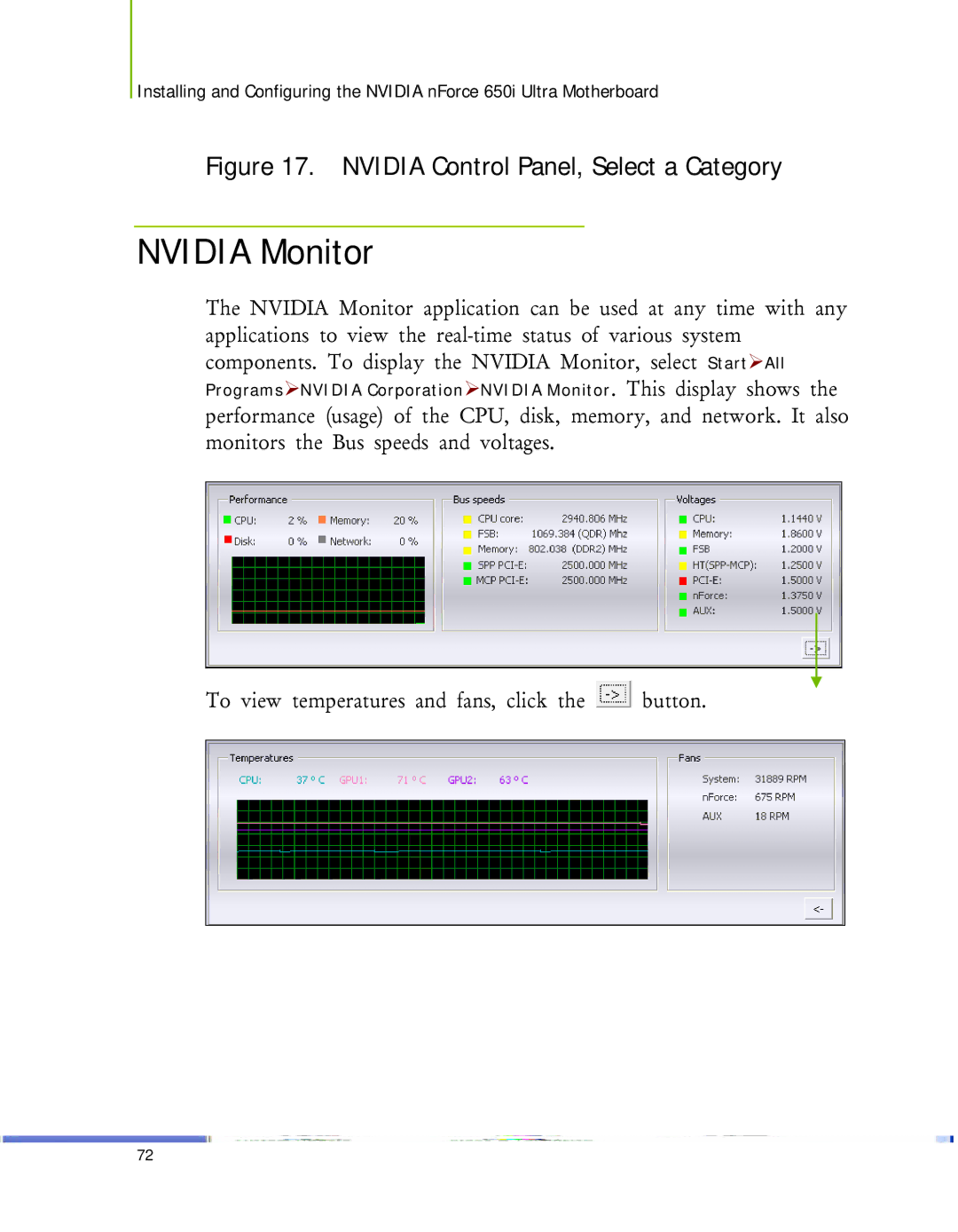 Nvidia 650I manual Nvidia Monitor, Nvidia Control Panel, Select a Category 